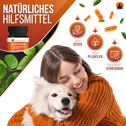 Vitalpfoten 75 Curcuma Kapseln für Hunde und Katzen mit Curcumin und Piperin, Ergänzungsfuttermittel sanfte Dosierung, Herstellung in Deutschland, höchste Reinheit und Qualität