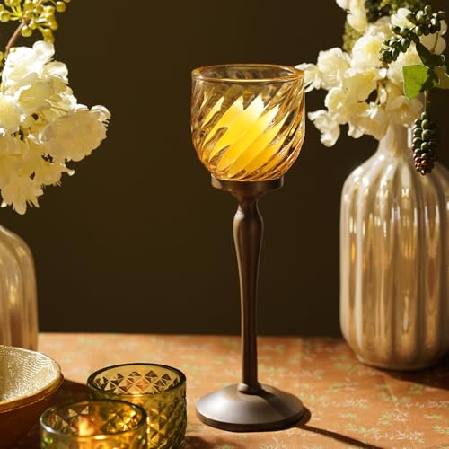 Image of Pure Home Yellow Swirl Textured Hurricane - Large | Size: 9 x 9 x 24 cm | Premium Hurricanes for Home Decor | Living Room & Home Decor Showpiece | Ideal for Diwali & Festive Gifting | Premium | Pack of 1