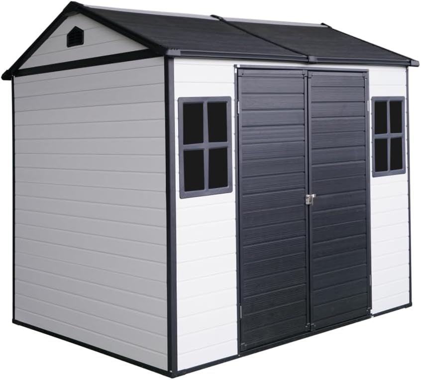 Heavy-Duty Resin Outdoor Storage Shed with Floor, Lockable Door, and Ventilation Windows for Garden, Patio, or Backyard Use (Grey+White + Polypropylene)