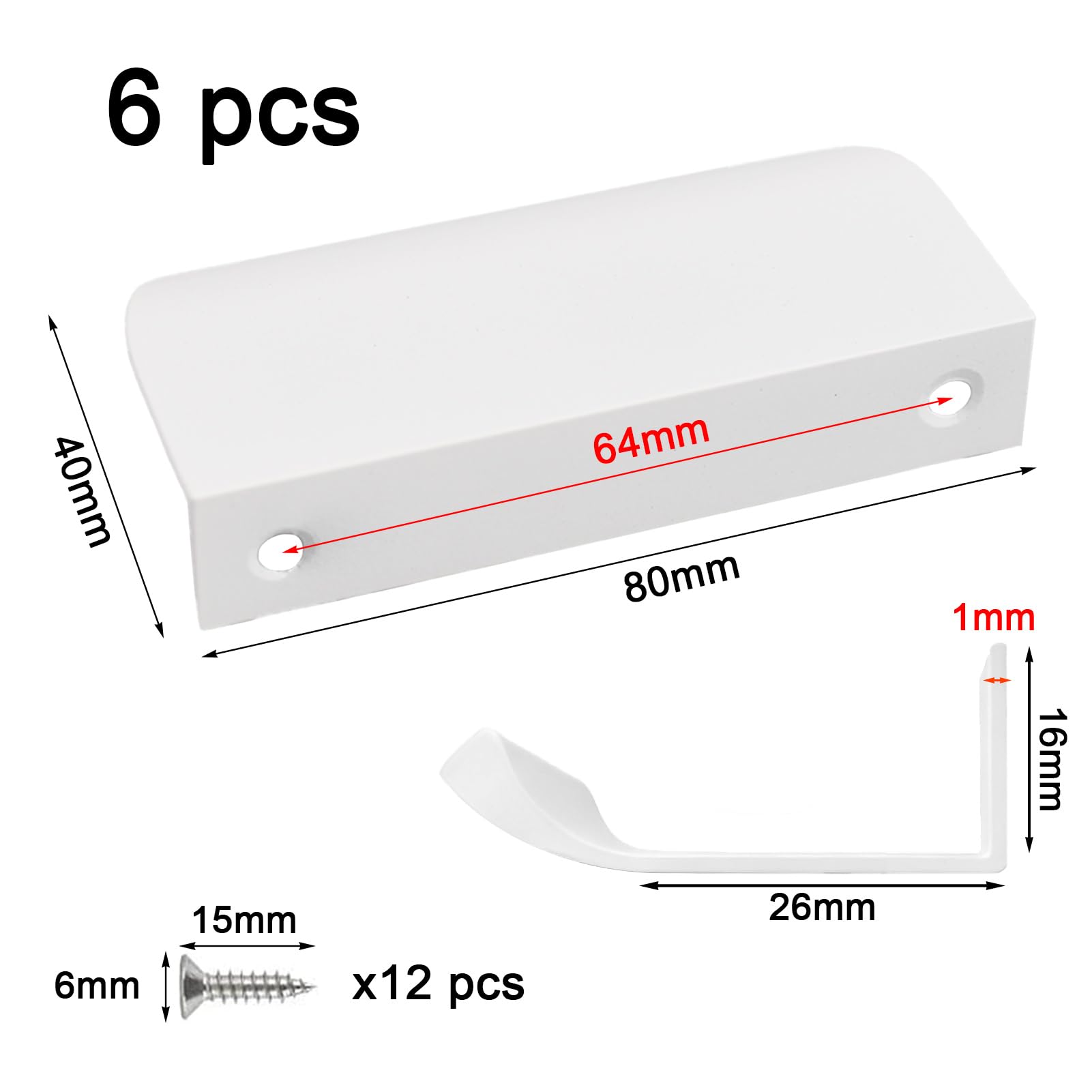 6 Pezzi Maniglie per Mobili 80 mm,per Mobili Moderni con 12 Viti Cassetti Maniglia per Mobili,Armadio Nascoste Maniglie da Incasso Cucina per Casa,Cassetti,Armadi-Bianco