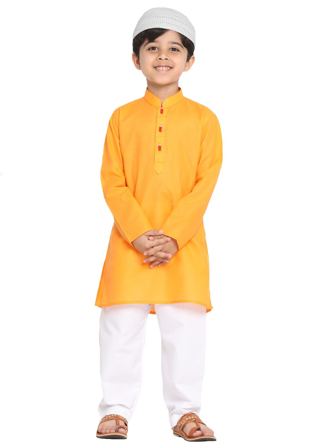 Jbn Creation Boys' Orange Cotton Blend Kurta Pyjama And Cap Set