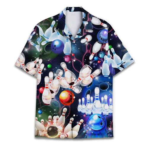Retro Neon Bowling Hawaiian Shirt Colourful Bowling Ball Hawaiian Shirt Casual Galaxy Short Sleeve Shirt Button Down Shirt