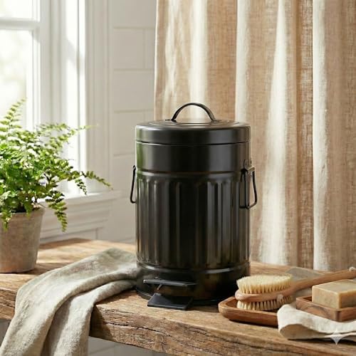Image of Autumn Alley Small Farmhouse Bathroom Trash Can, Pet Proof Matte Black Trash Can with Lid for Rustic Bathroom, Farmhouse Kitchen Step Waste Bin, Retro Metal Wastebasket 5L /1.3 Gal.