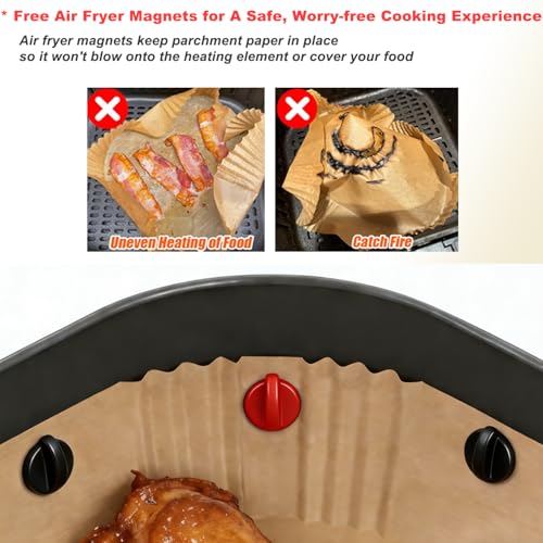 Image of Air Fryer Liners Disposable: 125Pcs Unbleached Parchment Paper Liners, 8 inch Square Non-Stick Disposable Sheets for 5-8 QT Baskets, Oil-Proof for Easy Cleanup | with Air Fryer Magnets for Parchment Paper