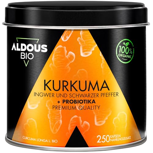 BIO Kurkuma Kapseln + Probiotika mit Ingwer und Schwarzem Pfeffer - 250 Stück - 1460mg - Kurkuma Kapseln mit Curcumin und Piperin - Natürliche Entzündgunshemmende Wirkung - Zertifizierte Bio Qualität