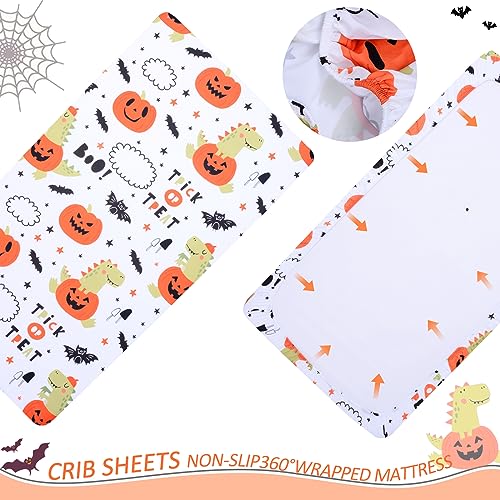 Image of Cloele Halloween Fitted Crib Sheet for Boys Girls,Pumpkin Dinosaur,52x28in | Baby Nursery Sheet,Cozy Bed Sheet,Standard Crib and Toddler Mattresses,Bats Crib Mattress Infant Toddler Sheet