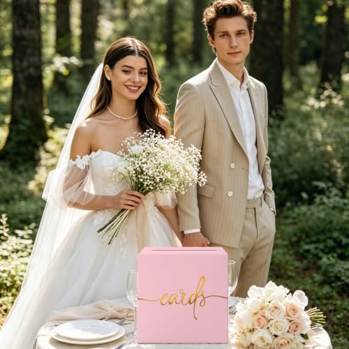 Image of Light Pink Card Box with Gold Foil Design, Paperboard 8.7 inch Gift Card Holder for Wedding Graduation Birthday Party Reception Retirement Anniversary Bridal & Baby Shower