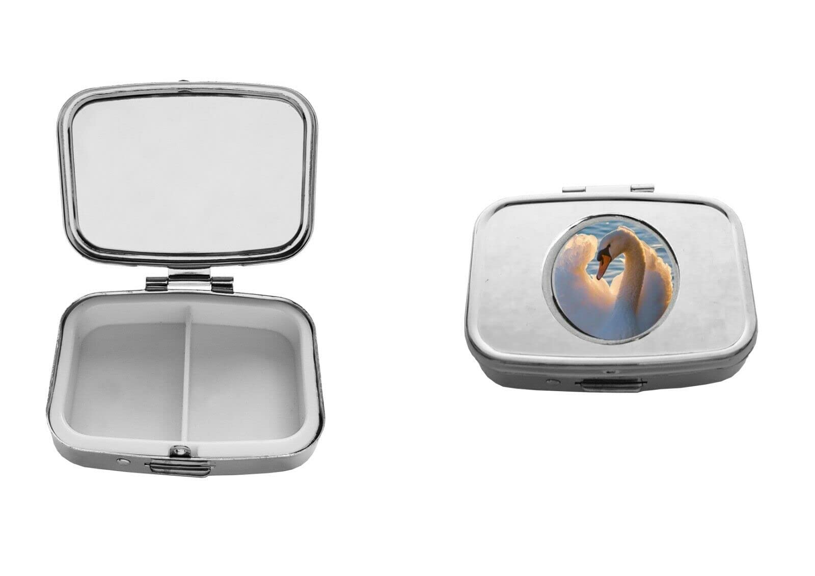 white swan codesd7 DOME on a silver coloured metal compact pill Tablet trinket box 2 slot