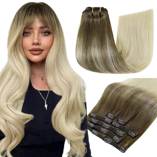 RUNATURE Blonde Ombre Clip in Hair Extensions Human Hair Remy Clip in Hair Extensions Real Human Hair Balayage Blonde Clip in Extensions Human Hair 16 Inch 120 Gram 7Pcs