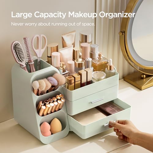 Image of HBlife Makeup Organizer with Brush Holder for Vanity, Large Plastic Bathroom Countertop Organizer Skin Care Storage, Easy to Store Lipsticks, Nail Polishes, Perfumes, Eyeshadow Palettes, All Green
