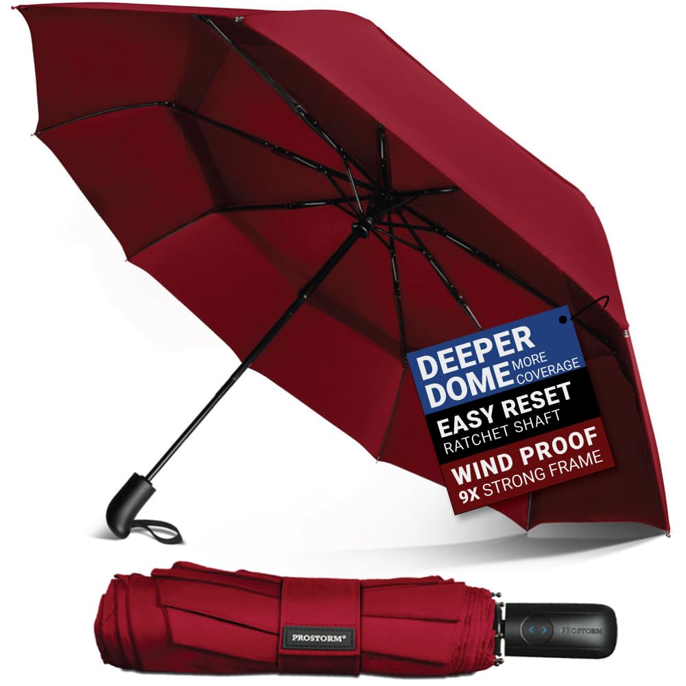 Prostorm Vented Travel Umbrella | Strong Compact Windproof Umbrella | Deep Dome Coverage | Auto Open/Close | Portable Pop Up with Large Coverage |