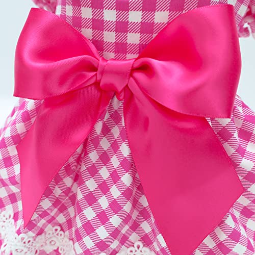 Fitwarm Gingham Dog Dress With Puff Sleeve, Plaid Summer Dog Clothes For Small Dogs Girl, Pet Cat Outfit, Hot Pink, Size Small #TOP3