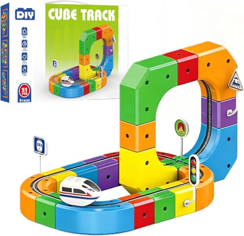 Clickrail Electric Train Set, DIY Cube Track, Cubix 3D Tren Magnetico Juguete con Gravedad Defying, Klickrail Block Bloques Mágicos y Tren Motorizado, Trens Eléctrico Regalo para Niños (51 Piezas)
