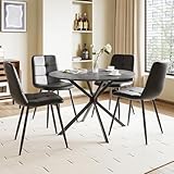 Luxstein Round Dining Table and Chairs Set 4, 100cm Concrete Effect Folding Table with 4 Black Upholstered PU Leather Chairs for Dining Room, Kitchen