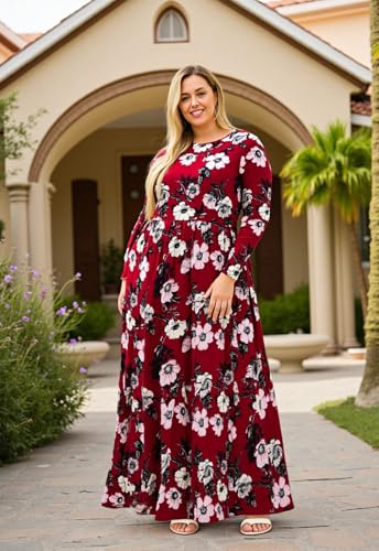 Image of Nemidor Plus Size Maxi Dress for Curvy Women Fall Casual Loose Long Sleeve Dresses with Pocket 14-26