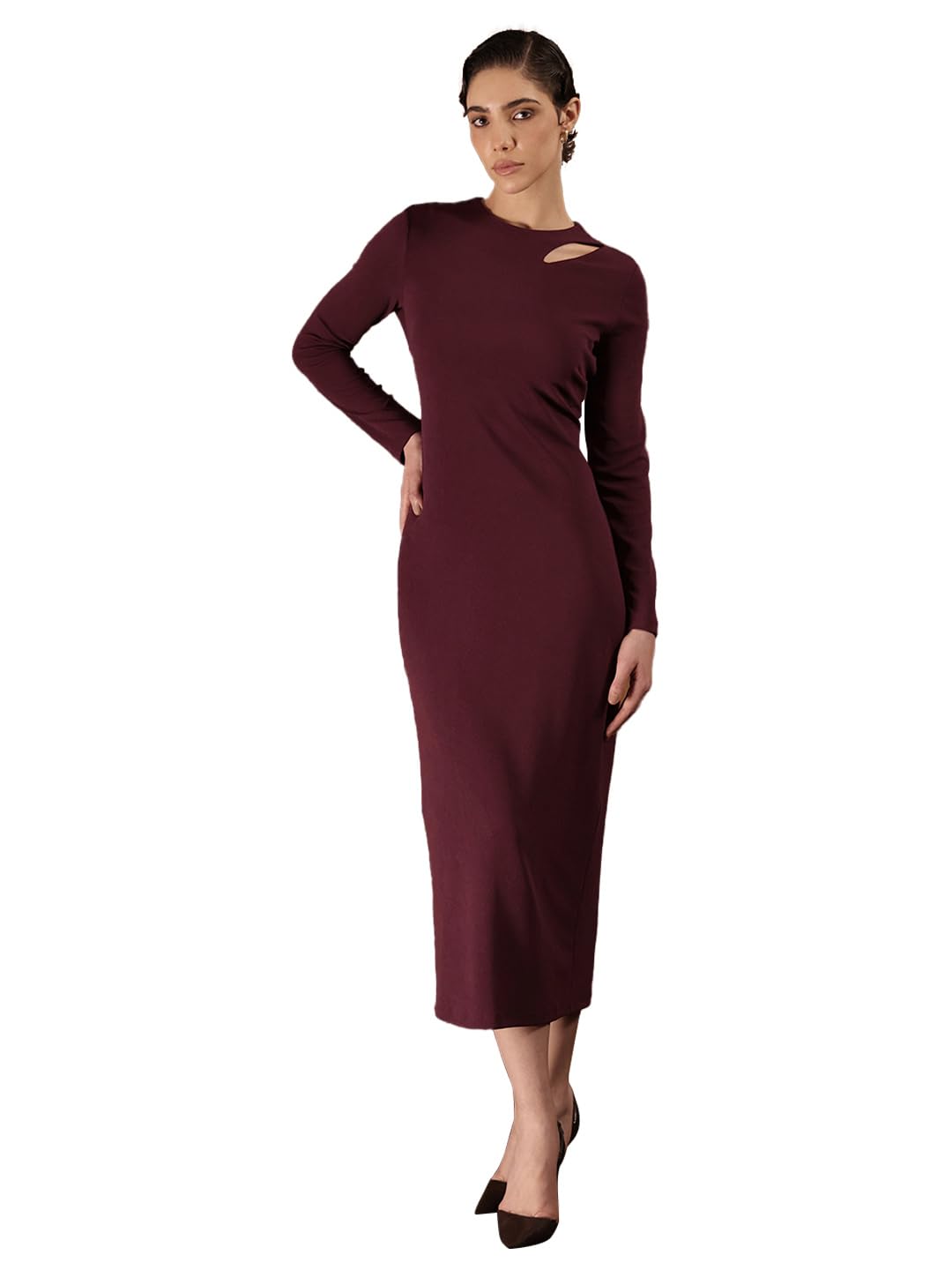 Women Party Dress | Bodycon Fit Midi Length Round Neck Full Sleeves Solid Pattern | Ribbed Knit Fabric with Cut-Out & Slit Design for Special Occasions-image-42