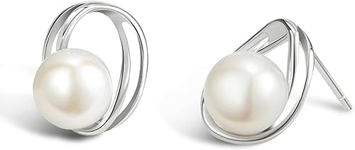 NORBU S925, Button Freshwater Pearl Earrings for Women, Pearl Studs with Cubic Z
