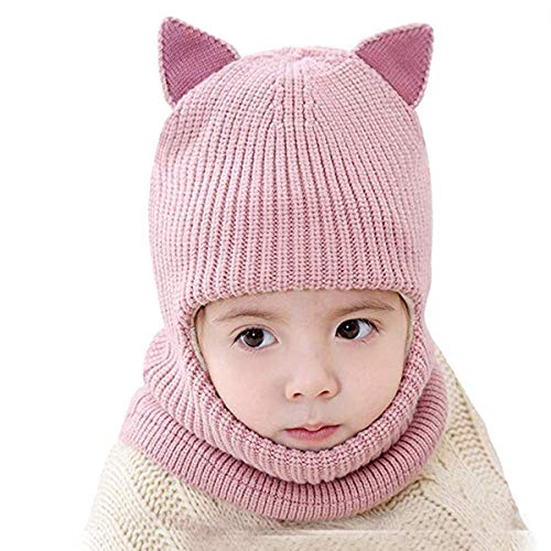 vamei Wintermütze Kinder Beanie Mütze Mädchen mit Bommel Mütze Baby Strickmütze Ohren Schalmütze Jungen Winter Warm Beanie Baby Mütze (Ohren-rosa) Cover
