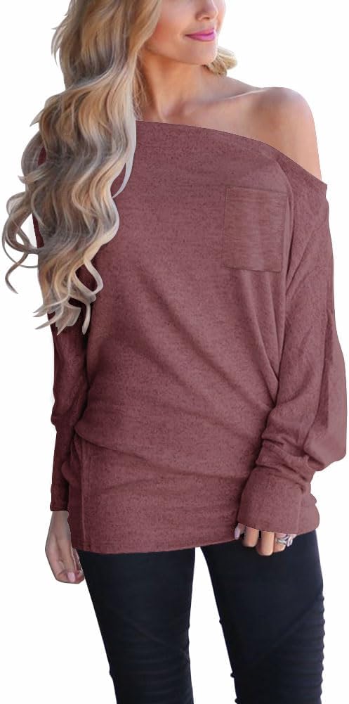 Dressmine Womens Off Cold Shoulder Tops Long Sleeve Asymmetrical Batwing Sweatshirts Blouse Casual Loose Tunics