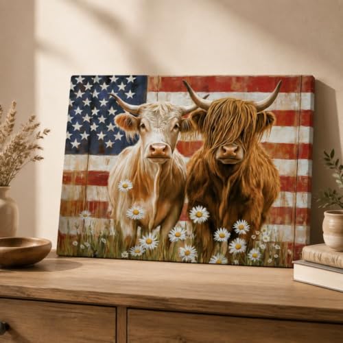 Image of Highland Cow Americana Flag Canvas Print Picture Wall Art for Home Decor | Patriotic Animal, Gallery Wrapped, for Living Room