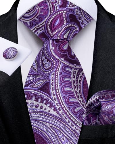 Image of DiBanGu Silk Zipper Ties for Men,Paisley Solid Plaid Pre-tied Tie and Pocket Square Cufflinks Set Formal Adjustable Necktie