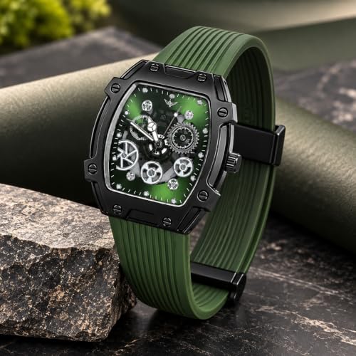 Image of Men's Analog Watch with Skeleton Dial, Rose Gold Alloy Case, Brown Silicone Strap, Quartz Movement, Magnetic Buckle & 30M Water Resistant Wrist Watch