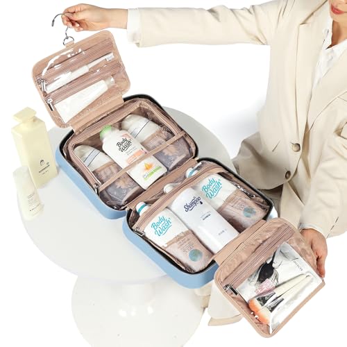 Image of NISHEL Travel Toiletry Bag for women, Portable Hanging Organizer for Family-Sized Shampoo, Conditioner, Brushes Set, Makeup Accessories, Extra Large Size, Placid-Blue