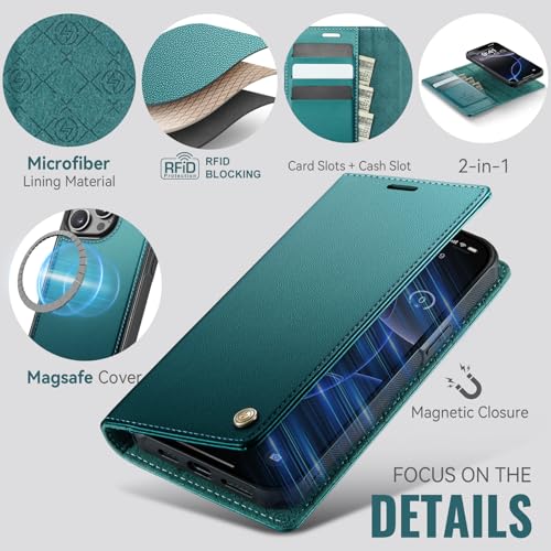 Image of Wallet Case for iPhone 13 Pro Compatible with Magsafe, 2-in-1 PU Leather Flip RFID Blocking Card Holder Stand Shockproof Magnetic Detachable Cover for iPhone 13 Pro Case 6.1 inch, Bluegreen