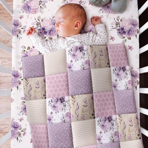 Image of Hahafelt 3 Pcs Purple Floral Patchwork Baby Crib Bedding Set for Baby Girl