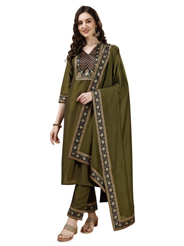 Image of MOJILAA Women's Silk Kurta Set (MJ0083-SKD-NP-L Green