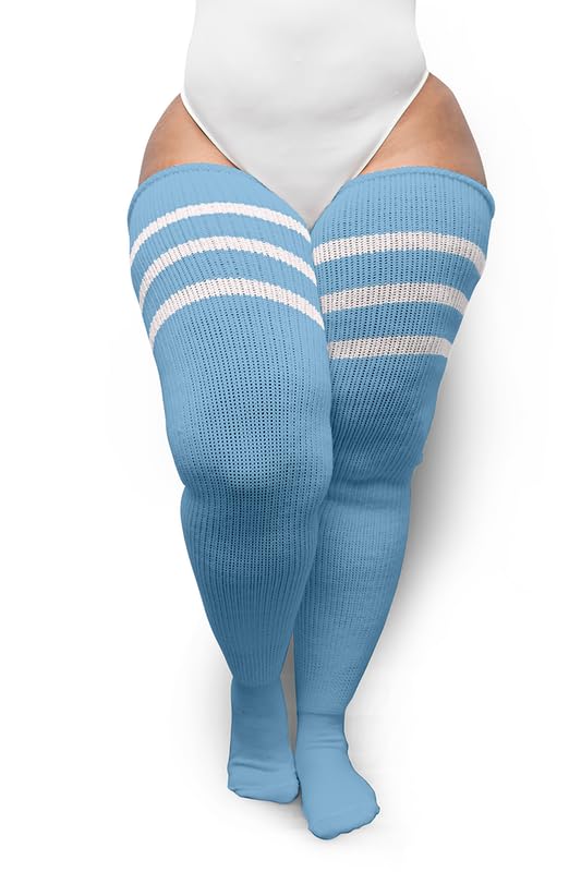 Image of Thunda Thighs Plus Size Thigh High Socks, Over the Knee High Boot Stockings Leg Warmers, Extra Long & Thick Socks Pastel Blue & Stripes