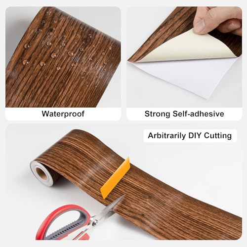 Image of JUNART Wood Grain Repair Tape(10cmx1000cm), Self-Adhesive Waterproof Realistic Textured Repair Duct Tape for Tables, Baseboards, Doors, Windows, and Floors with Plastic Scraper(Walnut Wood)