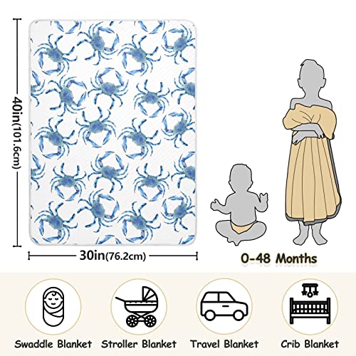 Image of Swaddle Blanket Blue Crabs Cotton for Infants - Receiving, Lightweight Soft Swaddling for Crib, Stroller, Nursery - Ocean Theme, 30x40 in