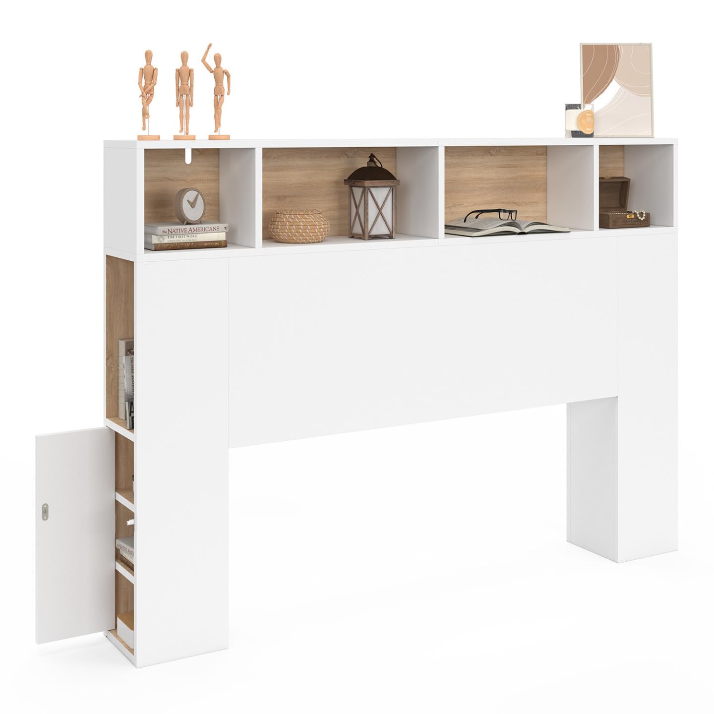 IDMarket - Tête de lit sur Pied Cleo 145 cm avec rangements fermés et niches Blanc et façon hêtre