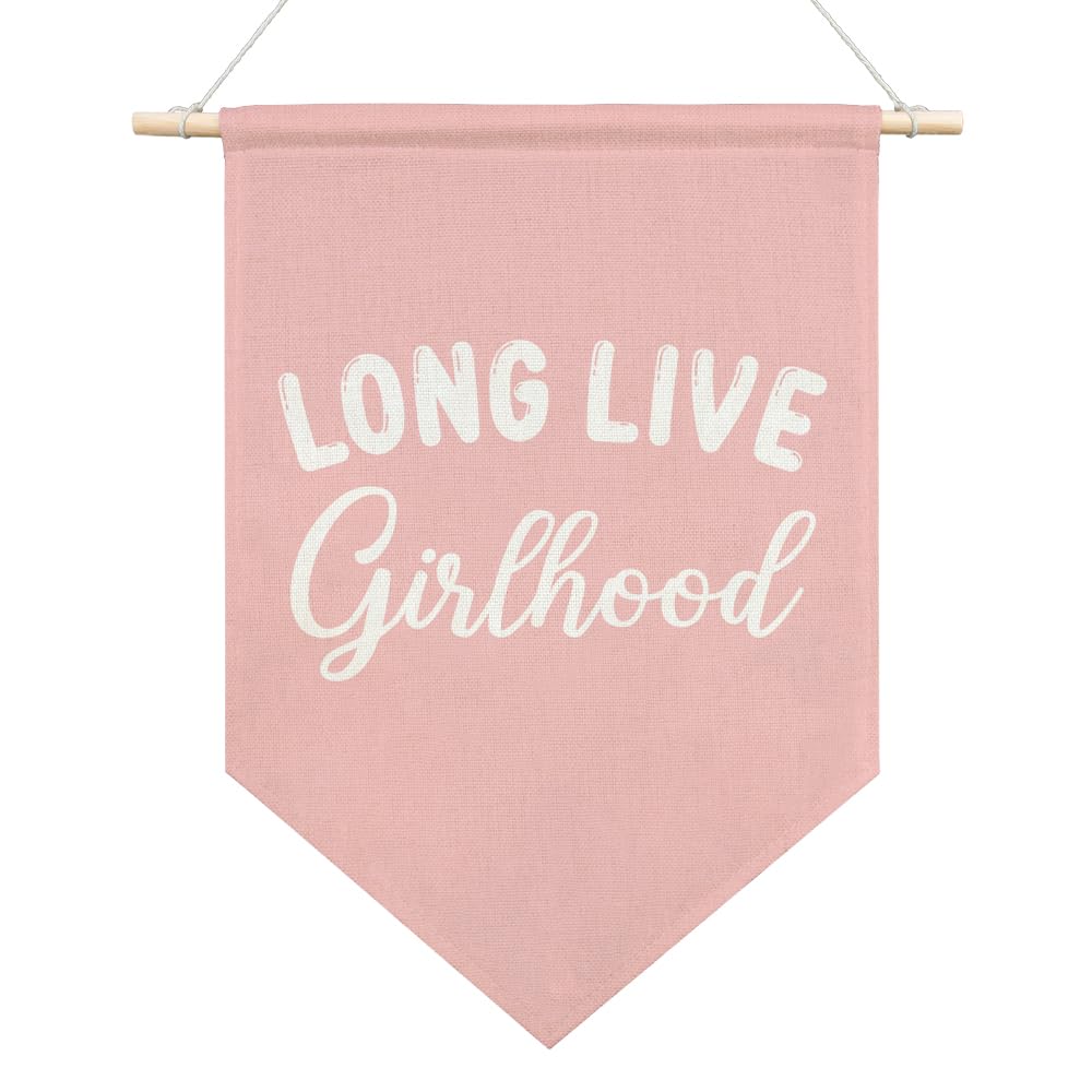 AGMDESIGN Long Live Girlhood Pink Canvas Hanging Pennant Flag Banner, Girl Room Wall Decor, Kids Bedroom Dorm Toddler Decor, Nursery Playroom Girl Power Flag Decor, Birthday Gifts for Daughter Niece