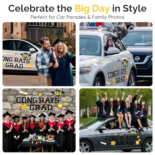 Image of Graduation Magnetic Car Decoration 2026 Congrats Grad Banners Car Parade Decor Signs Refrigerator Decal Magnetic Stickers Garage Door Magnets Graduation Party Supplies Black