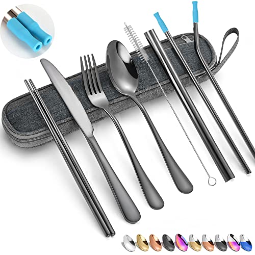 Travel Reusable Utensils Silverware With Case,Camping Cutlery Set,Chopsticks And Straw For Camping, Portable Flatware Cutlery Set With Case, Stainless Steel Travel Utensil Set 8 Piece Af(Black） #TOP26
