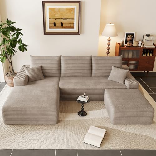Image of 95 inch U-Shape Cloud Couch, Modern Modular Sectional L-Shape Sofa with Ottoman, Corduroy Upholstered Couches Deep Seat Sleeper Chaise Longue for Living Room, No Assembly Required(Camel, Left Facing)