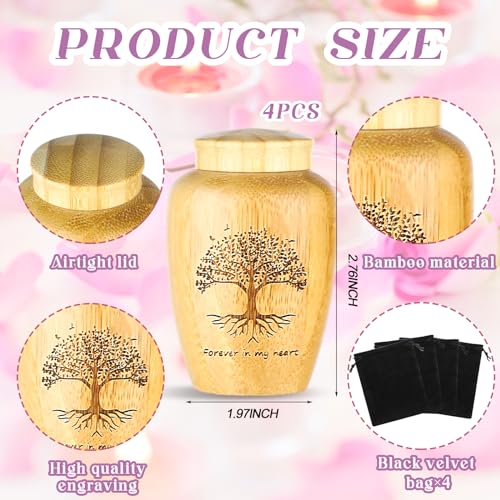 Beeveer 4 Sets Small Urn for Human Ashes Mini Urns with Tree Pattern Engraved Biodegradable Bamboo Cremation Urns for Human Ashes Pet Urn Caskets with Black Velvet Bags for Humans Pet Dog Cat Ashes