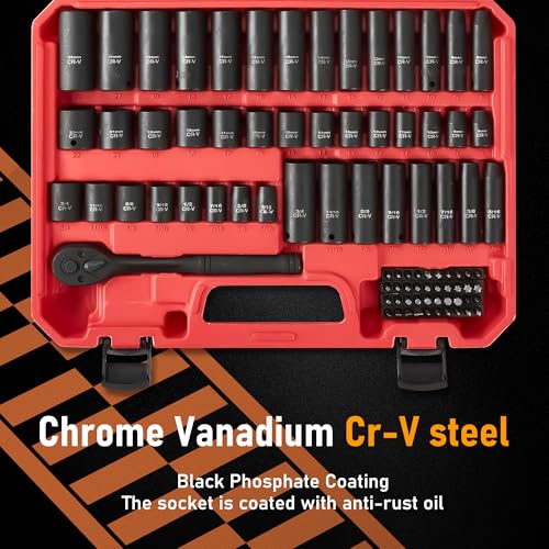 3/8\" Drive Impact Socket Set – 95-Piece Heavy-Duty SAE & Metric Socket Wrench Set, Chrome Vanadium Steel, Deep/Shallow Sockets, 3/8\" Ratchet Handle, Extension Bars, Spark Plug Sockets & Bonus Gloves