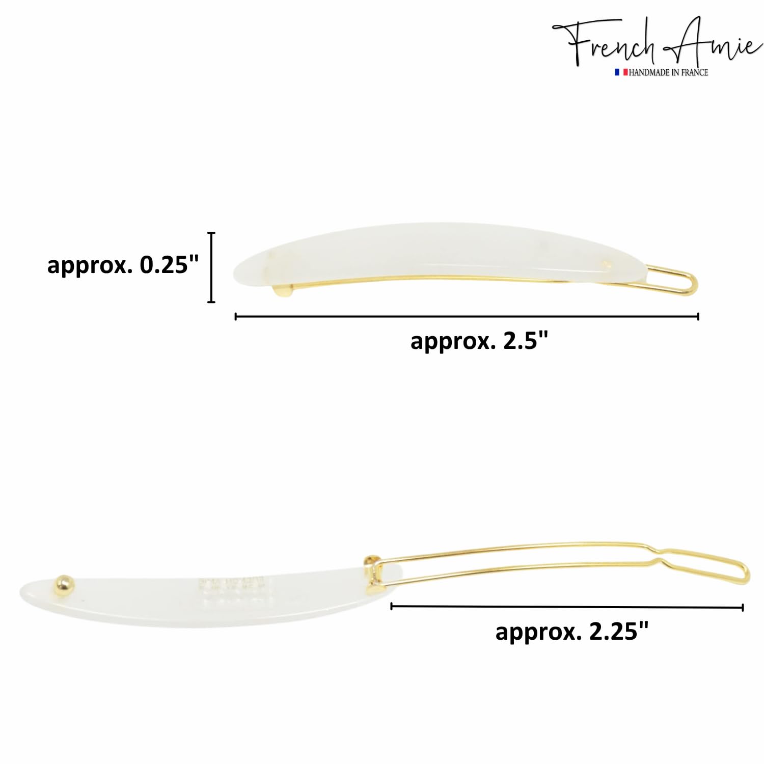 French Amie Narrow Oblong Small 2 1/4" Celluloid Acetate Set of 2 Side Slide In Hair Clip Barrettes with Tige Boule Clasp for Girls and Women, Made in France (Natural White)