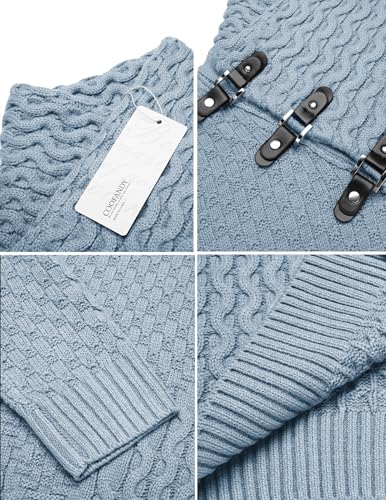 COOFANDY Men's High Collar Sweater Plaid Stripe Hoodied Long Sleeve Knitwear Blue4