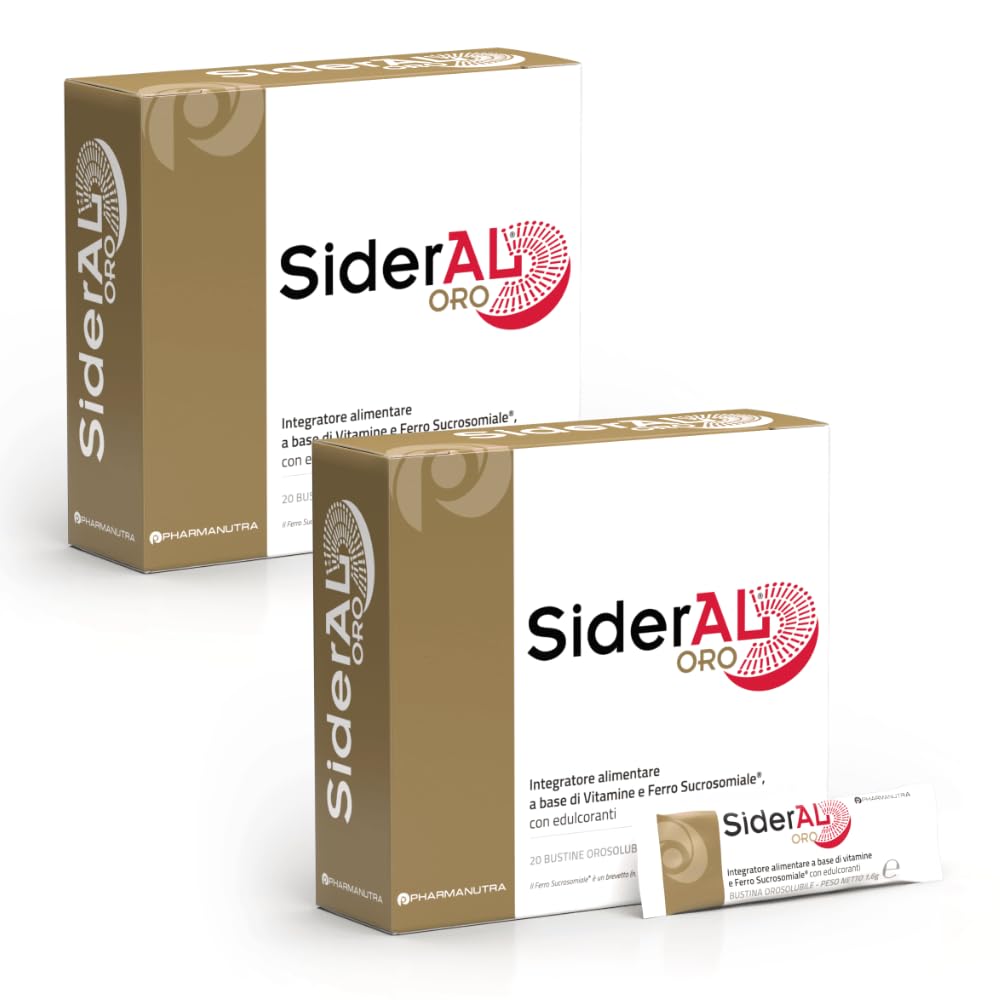 SiderAL ORO integratore alimentare di Ferro Sucrosomiale® (14 mg), Alto assorbimento e Tollerabilità, NO Glutine - Lattosio, NO gusto metallico, Riduce stanchezza, 20 + 20 Bustine orosolubili