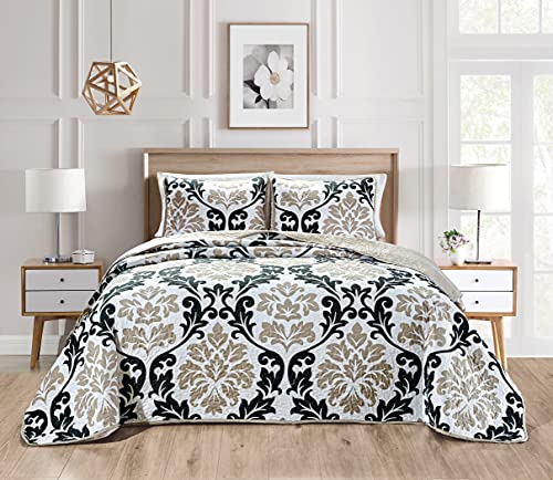 Masterplay 3-Piece Fine Printed Quilt Set, Bedspread Coverlet Full Size (Double) Bed Cover (Black, Grey On Light Grey, Scroll) #TOP12