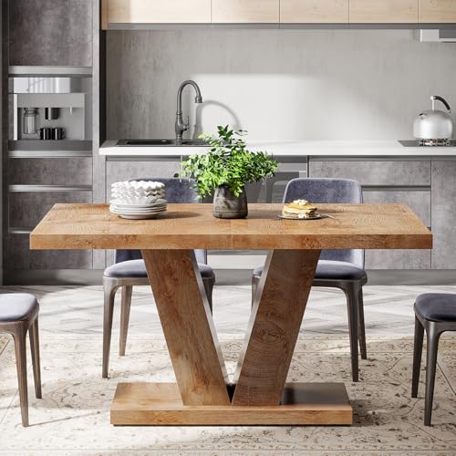 Image of Tribesigns 47-Inch Dining Table for 4, Light Oak Brown Kitchen Dinner Furniture with Heavy Duty Pedestal, Farmhouse Wooden Eating Desk for Home, Dining Room, Small Space