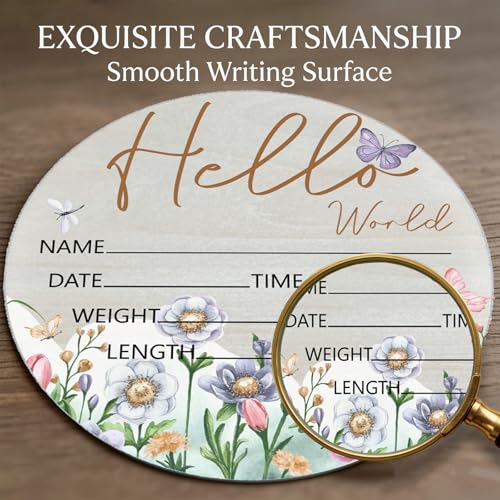 Image of Birth Announcement Sign Hello World Baby Name Wood Butterfly Theme | Round Wood Plaque with Butterfly & Floral Design, Custom Name Date Weight Length Great for Nursery Wall Baby Shower Gifts