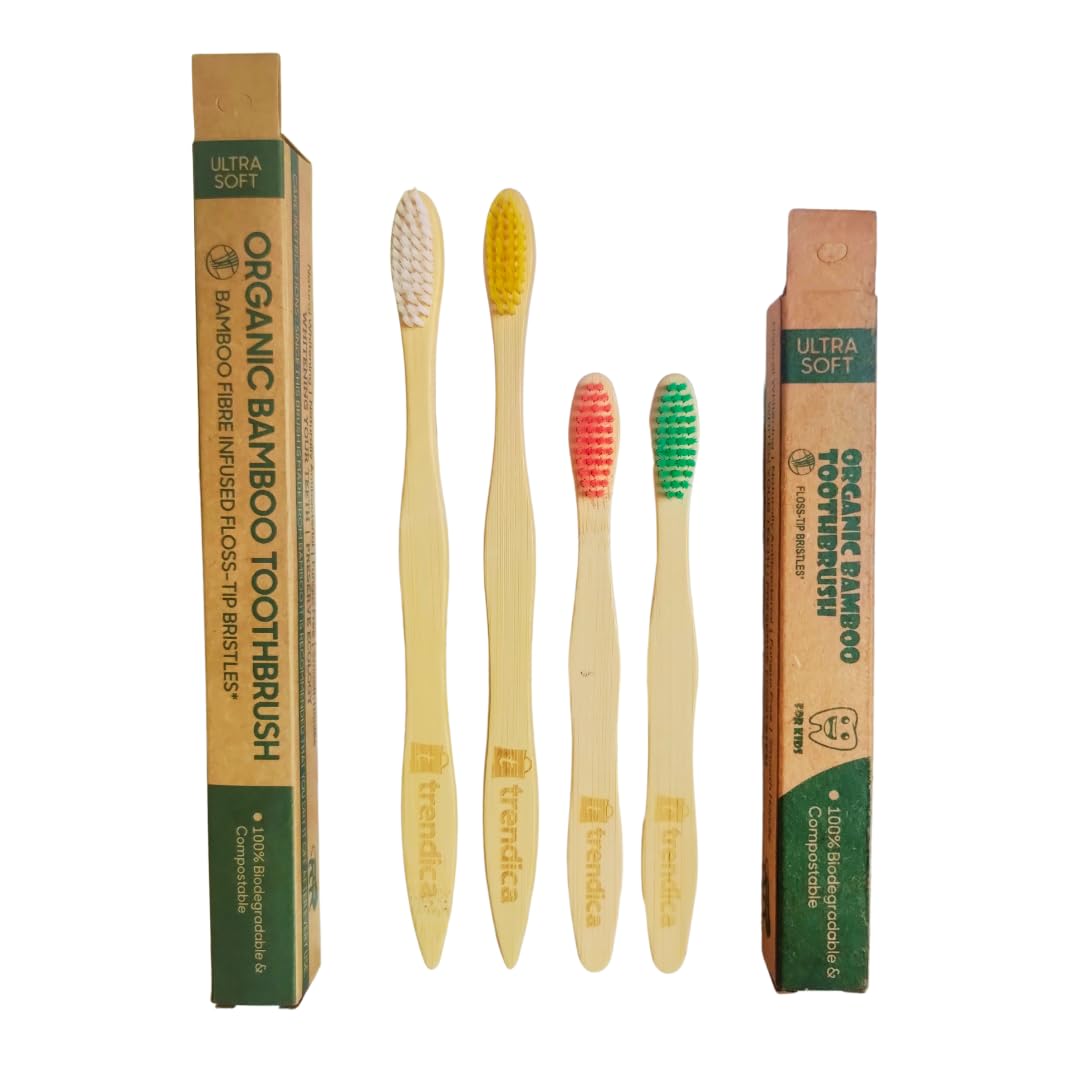Trendica Bamboo Toothbrush for Adult and Kids | Bamboo Vegan color Infused Ultra soft Bristles Toothbrush | Multiple color Bristles Bamboo Toothbrush Pack of 4 (2 Adult x 2 Kids) (B0CRPKWLH3) Amazon Price History, Amazon Price Tracker