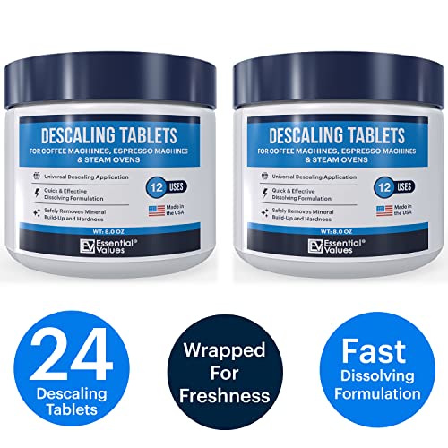 Image of Essential Values Descaling Tablets, Coffee Maker Cleaner Compatible with Keurig Coffee Machines, Breville, Delonghi, Jura, Miele, Bosch, Tassimo Espresso Machines and Miele Steam Ovens (Pack of 24)