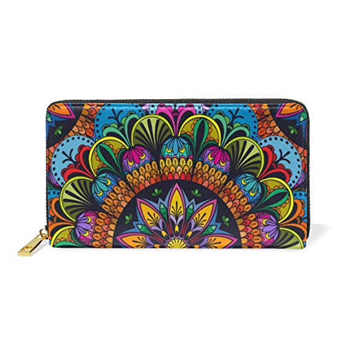 Preisvergleich Produktbild Gigijy Geldbörse mit buntem Mandala-Muster, mehrere Kreditkartenfächer, Tasche für Frauen, echtes Leder, mit Reißverschluss