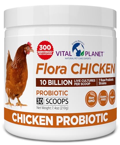 Vital Planet - Flora Chicken Probiotic Powder with 10 Billion Live CFU and 7 Strains Chicken Probiotic for Water and Feed Digestive and Immune Support Chicks and Poultry 300 Servings 7.4 oz